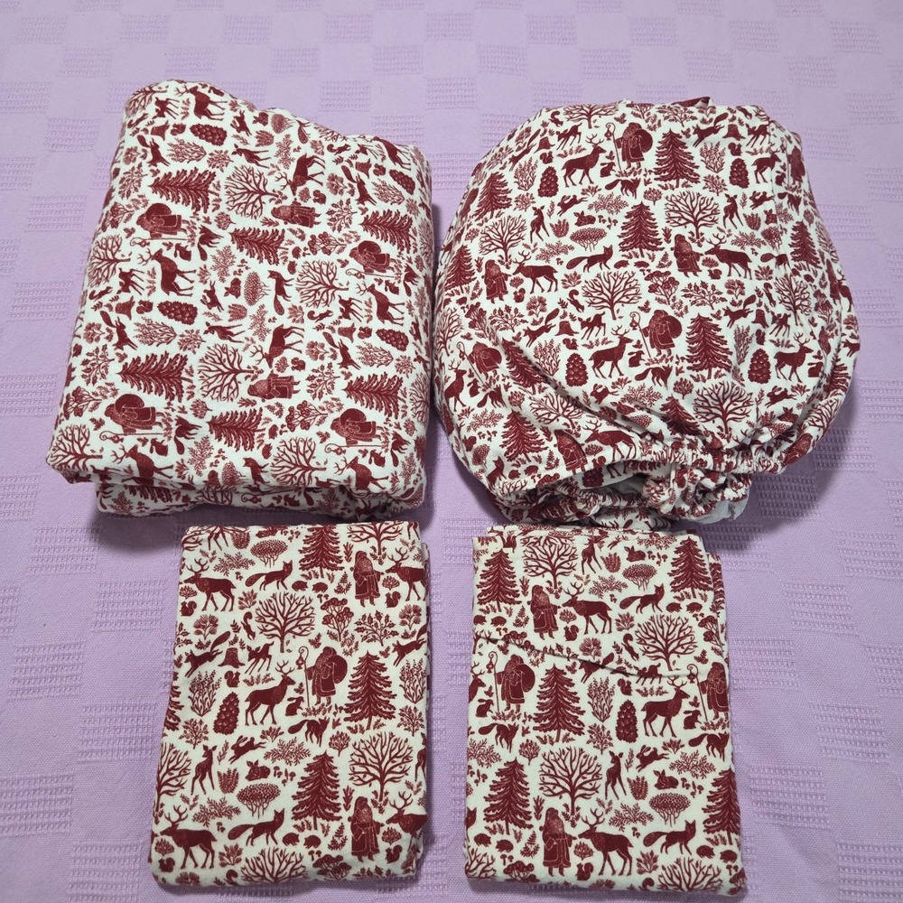 Christmas Flannel Full Sheet Set 100% Cotton Red Target Santa Deer Fox Rabbit